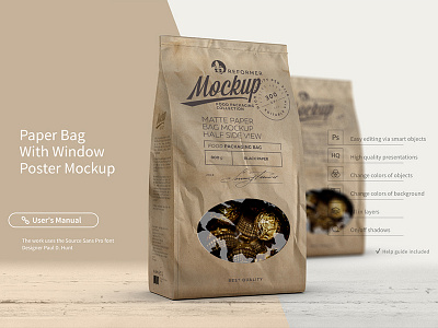 Paper Bag With Window Poster Mockup bag bar box coffee design foil food bag logo mock up mockup package package food packaging packaging mockup paper pouch sachet stick template wrapper