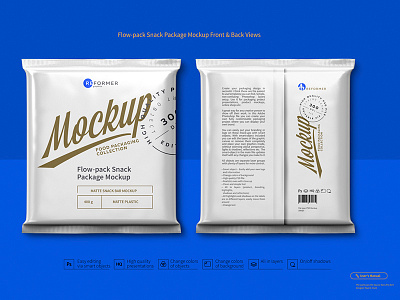 Download Flow Pack Snack Package Mockup Front Back Views By Reformer Mockup On Dribbble
