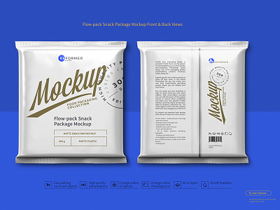 Flow-pack Snack Package Mockup Front & Back Views bar candy chocolate chocolate bar flow pack foil food matt metallic metallic chocolate bar mock up mockup package packaging product design psd smart layers smart object snack template