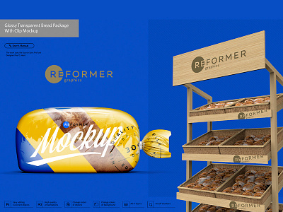 Download Glossy Transparent Bread Package With Clip Mockup By Reformer Mockup On Dribbble