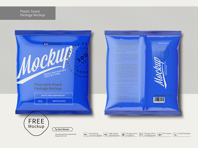 Download Plastic Snack Package Free Mockup Front & Back Views by Reformer Mockup on Dribbble