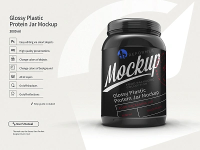 Glossy Plastic Protein Jar Poster Mockup cap capa dorada fitnes gimnasio golden layer gorra gym high angle shot jar jarra mate matte mockup nutrition pack package protein sport tiro de alto ángulo whey