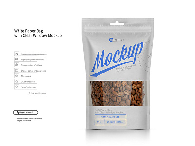 White Paper Bag Stand Up Pouch Doypack with Clear Window Mockup cat treats coffee bag coffee pouch craft bag dogs doy pack doypack food kraft mock up mockup package packaging pouch stand up template transparent white bag window zipper