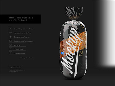 Black Glossy Plastic Bag with Clip for Bread bag bakery black bag bread breakfast cellophane clean clear clip close up closed design detailed empty flex food full grey healthy mockup