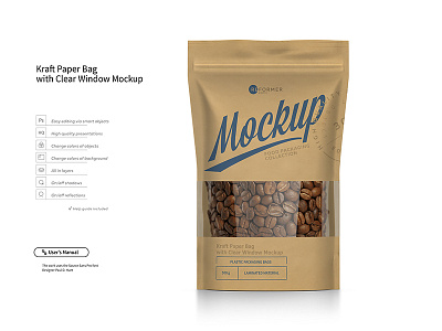 Kraft Paper Bag Stand up Pouch Doypack with Clear Window Mockup cat treats coffee bag coffee pouch craft bag design dogs doy pack doypack food kraft mock up mockup package packaging pouch stand up template transparent window zipper