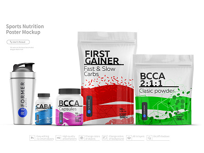 Sports Nutrition Poster Mock-Up bcaa bottle doypak food geiner glossy gym jar mockup nutrition pack package plastic protein reusable sesame shrink sleeve supplements whey