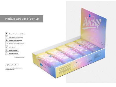 Mockup Bars Box of 10x40g chocolate exclusive mockup flow pack foil food glossy glossy pack glossy snack pack granola granola bar mock up mockup muesli bar package packaging packaging mockup product design psd psd mock up snack bars box