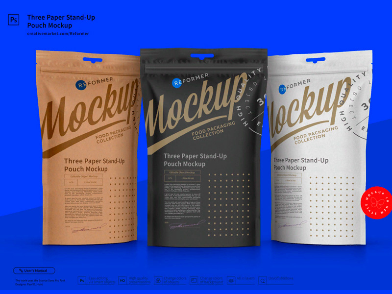 Three Paper Doy-Pack Pouch Mockup template screw product smart object packaging package psd object mockups mockup