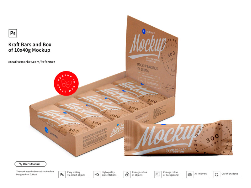 Download Kraft and Bars Box of 10x40g Mockup by Reformer Mockup on ...