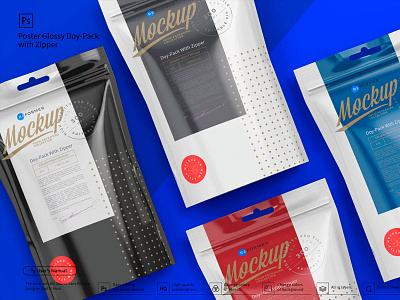 Glossy Doy-Pack with Zipper Poster​​​​​​​ Mockup​​​​​​​ branding coffee design foil food illustration mock up mockup mockups object pack package packaging packaging mockup product psd psd mockup screw smart object template