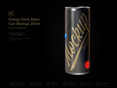 Energy Drink Black Can Mockup 250ml