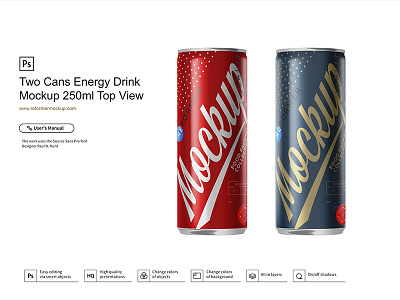 Two Cans Energy Drink Mockup 250ml Top View aluminium aluminum beer beverage carbonated cider coffee coke cola drink energy exclusive juice metal mock up mockup nectar packaging design psd mockup soda