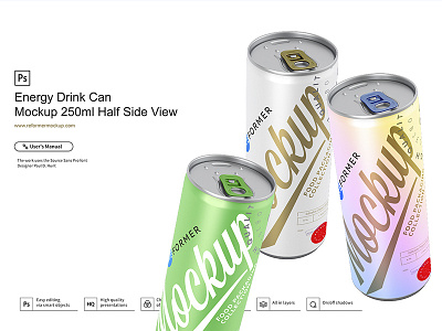 Energy Drink Can Mockup 250ml Half Side View