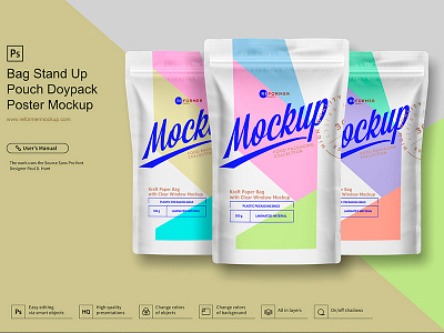 Bag Stand Up Pouch Doypack Poster Mockup black coffee bag coffee pouch craft bag dogs doy pack doypack food kraft mock up package packaging pouch psd smart object stand up template transparent window zipper