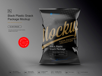 Black Plastic Snack Package Mockup bag beans black blank box branding canned chips clean container copy copy space design dried fruit element empty flex flour foil food