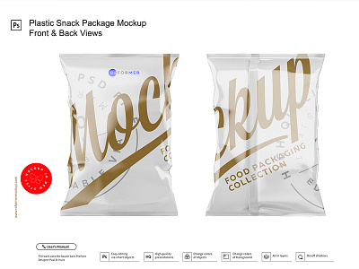 Plastic Snack Package Mockup Front & Back Views beans black blank box branding canned chips clean container copy copy space design dried fruit element empty flex flour foil food white bag