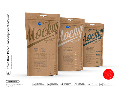 Three Kraft Paper Stand-Up Pouch Mockup cat treats coffee bag coffee pouch craft bag dogs doy pack doypack food kraft package pouch stand up transparent window zipper