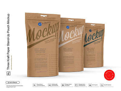 Three Kraft Paper Stand-Up Pouch Mockup