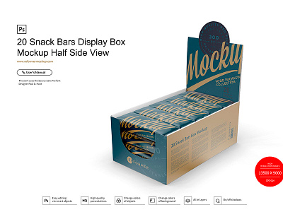 20 Snack Bars Display Box Mockup Half Side View