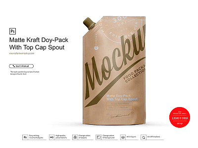 Kraft Doy-Pack With Top Cap Spout branding coffee design exclusive mockup foil food illustration logo mock up mockup mockups object pack package packaging product psd screw smart object template