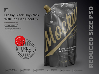 Free Glossy Black Doy-Pack With Top Cap Spout ¾ food glossy doy pack illustration ketchup mayo mayonnaise mock up mockup pack package packaging pouch product psd sauce screw cap smart object spout cap template top cap
