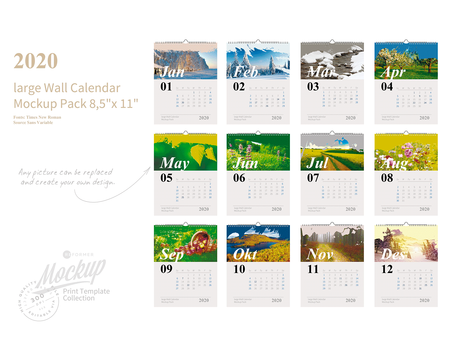 2020 large Wall Calendar Mockup Pack 2020 calendar calendar mockup calender calender mock up clean corporate date graphic mockup new year office photography presentation print ready real realistic ring season seasons smart objects