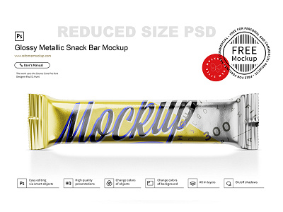 Free Glossy Metallic Snack Bar Mockup 100g chocolate exclusive mockup flow pack foil food glossy glossy pack glossy snack pack granola granola bar mock up mockup mockups muesli bar package packaging packaging mockup product design psd