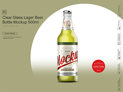 Clear Glass Lager Beer Bottle Mockup 500ml