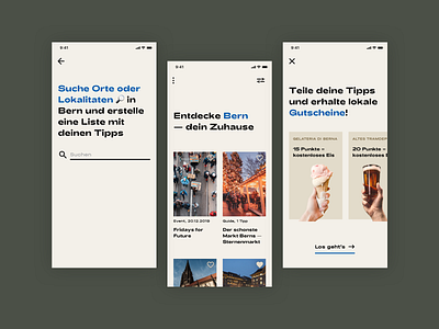 City Guide 🏙️ app application city city guide explore feed flat minimal mobile modern pastel product design search simple switzerland typography voucher