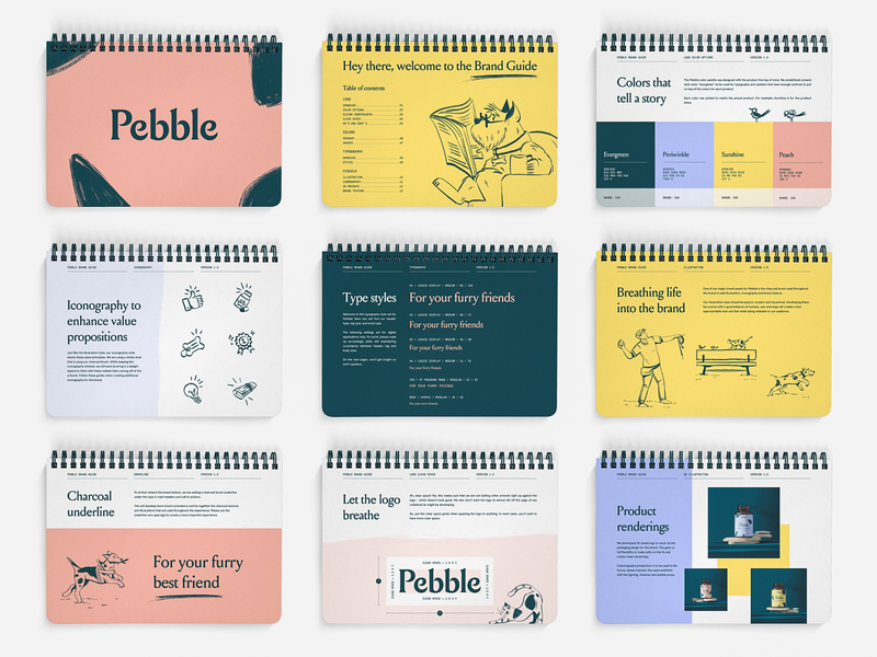 Pebble Brand Guide book brand brand book brand guide brand guideline branding cat color palette dog guide iconography icons illustration logo pets supplement