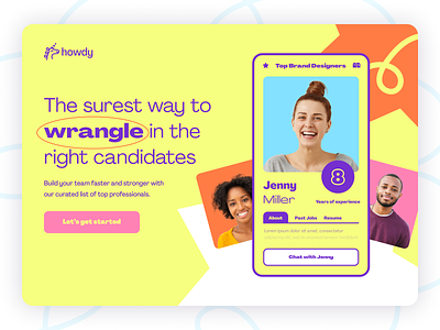Howdy app b2b brand design brand guide brand uplift branding candidate colorful hire iconography illustration landing page modern saas shapes tech texture typography unicorn website
