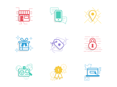 Reward Platform Icon Set business icon icon set iconography line art location lock phone rewards shop sign up social