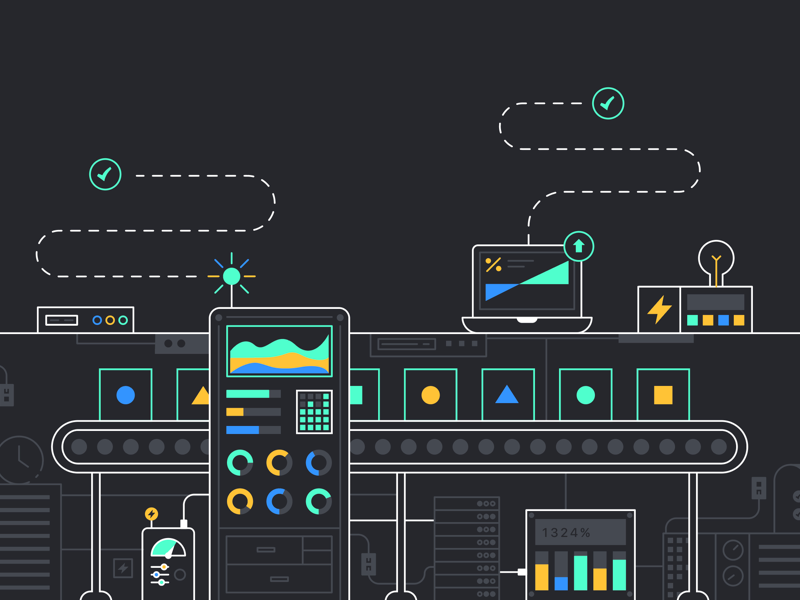 Data Illustration analyze computer conveyor belt crypto currency dark data factory ico illustration saas start up tech