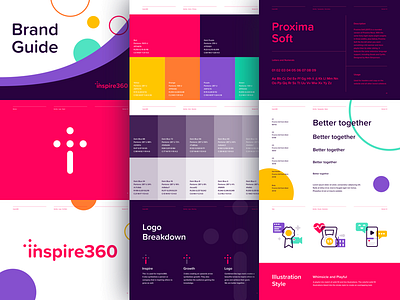 Inspire360 Brand Guide brand brand book brand identity colors icon illustration logo start up typography