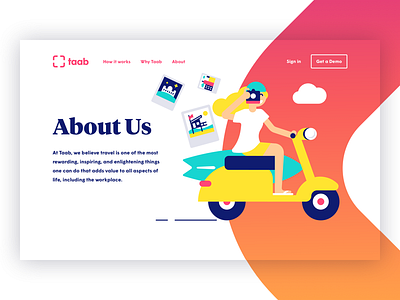 About Us about page about us illustration landing page scooter start up surf taab travel website
