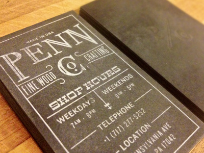 Penn Co. Business Card letterpressed business cards letterpress screen print print black and white penn co. vintage business card typography illustration sanded pennsylvania shop usa retro texture stationary paper