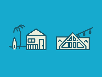 Getaways beach beach house blue chalet getaways house icons illustration lodge palm tree resort ski lodge sking surf