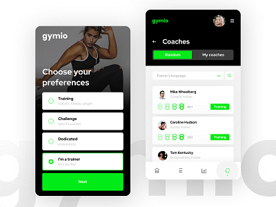 Gymio app app input list minimal mobile mobile menu radio tab trainer training ui