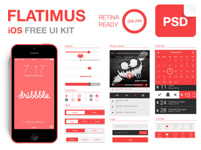 Flatimus iOS Free UI Kit buttons calendar clean flat design free ios login music player psd retina ui ux