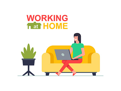 Working at home 2d art design flat freelancer green illustration job programmer vector web woman working from home yellow