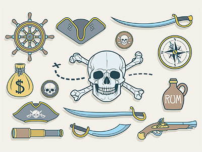 Pirates set black yellow canon chest clean compass dangerous historical icons pirate pitate romantic sea