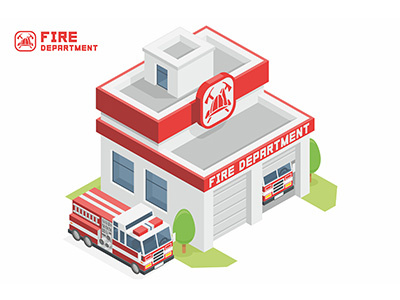 Fire Department estate exterior facade fire firehouse front garage house icon illustration infographic isometric