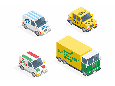 Set of cars ambulance automobile bus car icon illustration mail truck pizza car service taxi transport truck