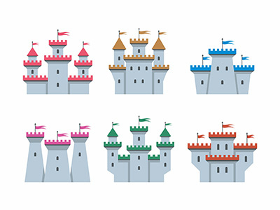 Castles icons set architecture boundary building castle dome fairy flat fortress palace ruin tale tower