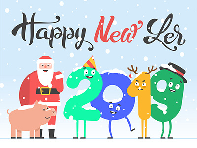 happy New Year 2019 2019 characters christmas flat hat holiday house illustration new year snow snowman toys tree winter
