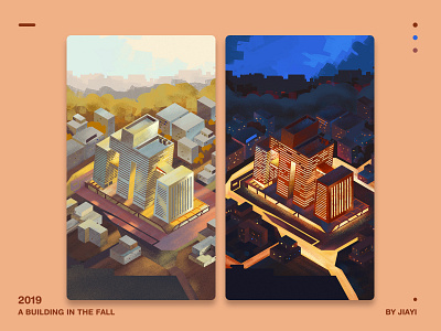 a building in the fall autumn day and night illustration