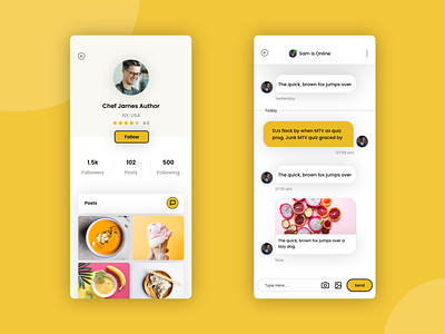 Profile and Chat Screens amazing android app beautiful chat design ios iphone 11 meeting message product profile ui ux yellow