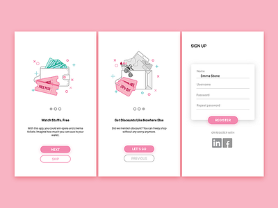 Onboarding - Discount Provider App app discount illustration ios login mobile money onboarding pink register ui ux
