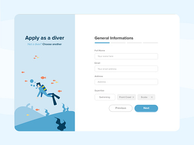 Form Design - Diver Registration Page blue diving fish icon illustration minimal sea sport ui website