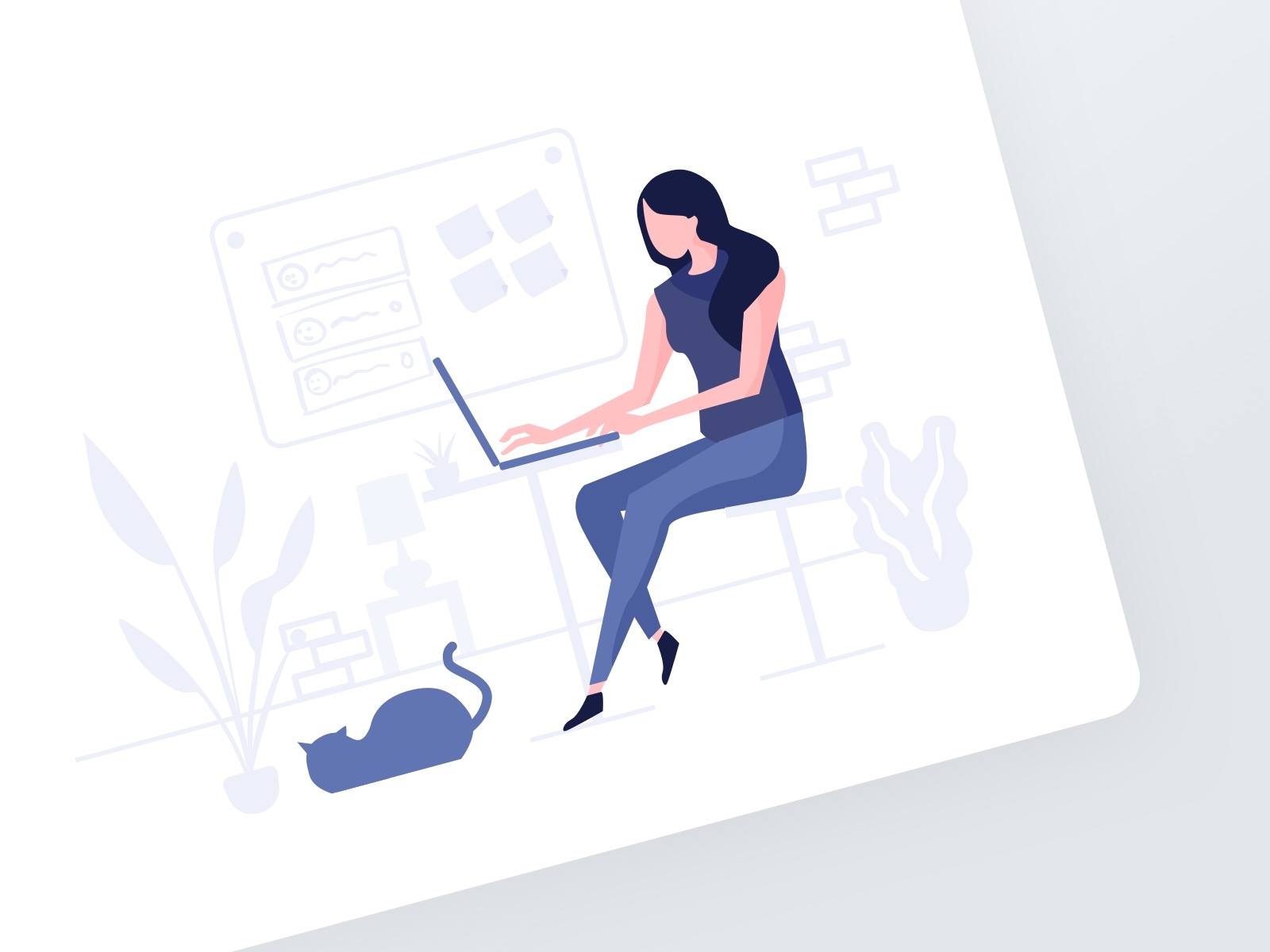 Remote working Illustration cat design thinking drawing female illustration laptop plants remote work sketch vibrant